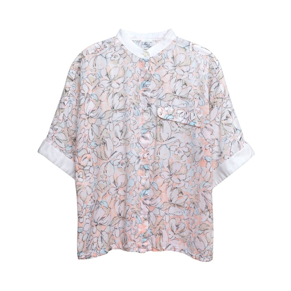 Ina Rigi (Switzerland) Canvas Weave Linen Dolman Mao Collar T Blouse Rose